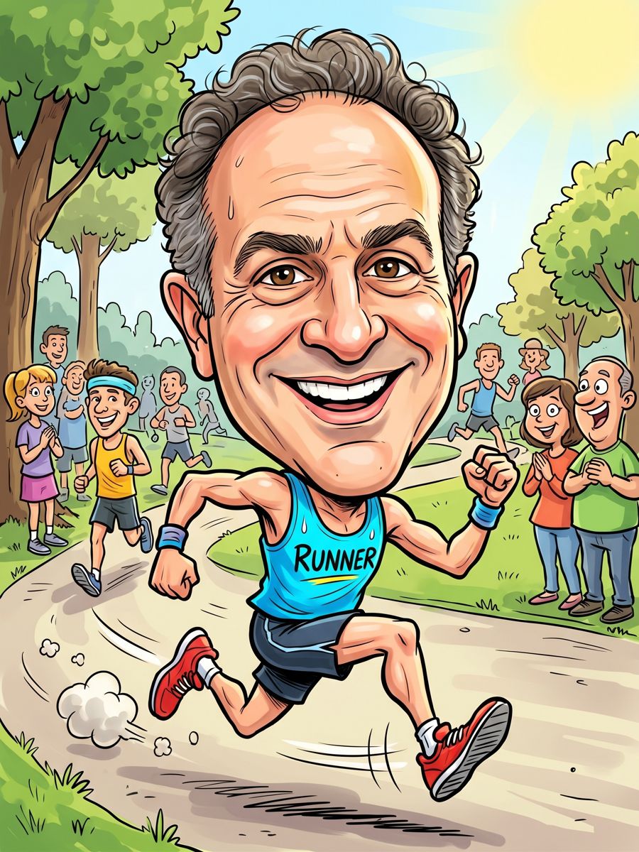 Caricature of AJ running happily, fist pumping, in a RUNNER singlet
