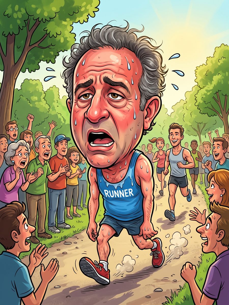 Caricature of AJ red-faced, drenched in sweat and staggering, while younger runners overtake him