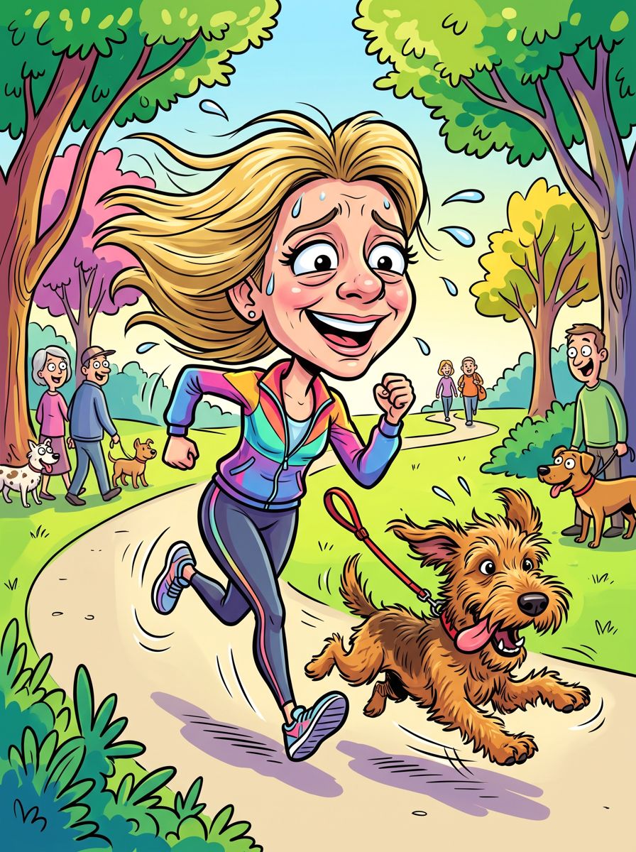 Caricature of Ivy running through a park, being towed along by her scruffy terrier George on a lead