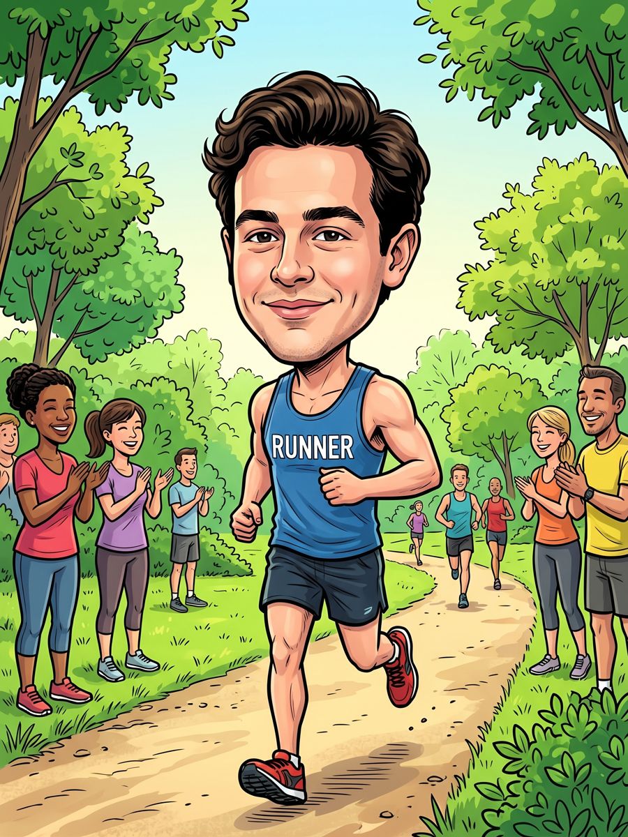 Caricature of Richie jogging calmly through a park, smiling, not a drop of sweat